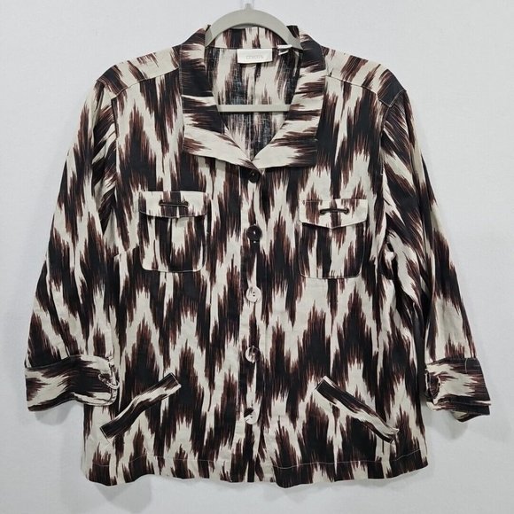 Chico’s Ikat Linen Button Up Shirt Blazer Jacket Boxy Brown‎ Womens Large Size 2 - Picture 1 of 9